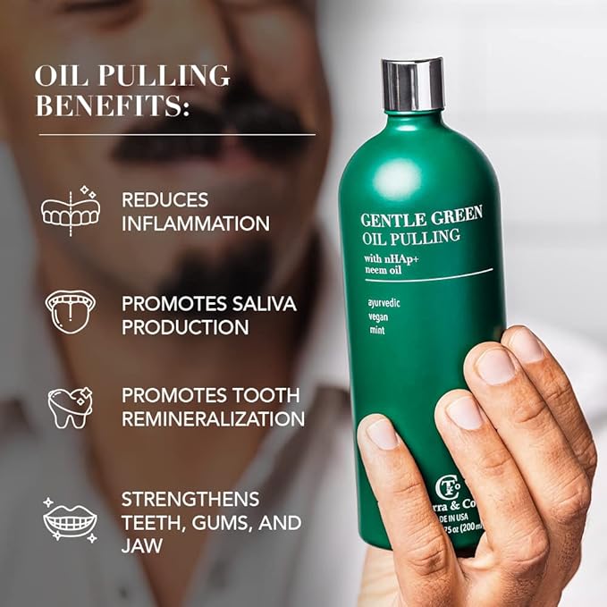 Terra & Co. Gentle Green Oil Pulling and Tongue Scraper | with Hydroxyapatite for Strong Enamel, Healthy Gums | Reduce Bad Breath