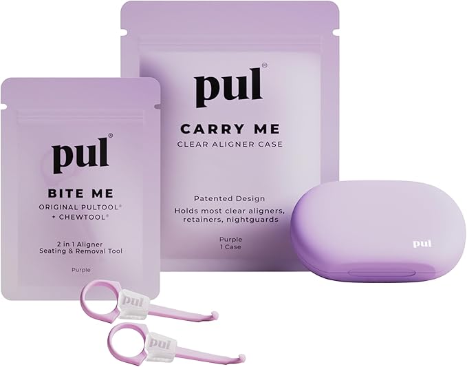 PUL Aligner Care Convenience Kit – Case + 2-in-1 Tool for Invisalign, Retainers, Partial Dentures, Mouth & Night Guards & More – Purple Case & 2-Pack of Purple Aligner Seating Chewie & Removal Tool