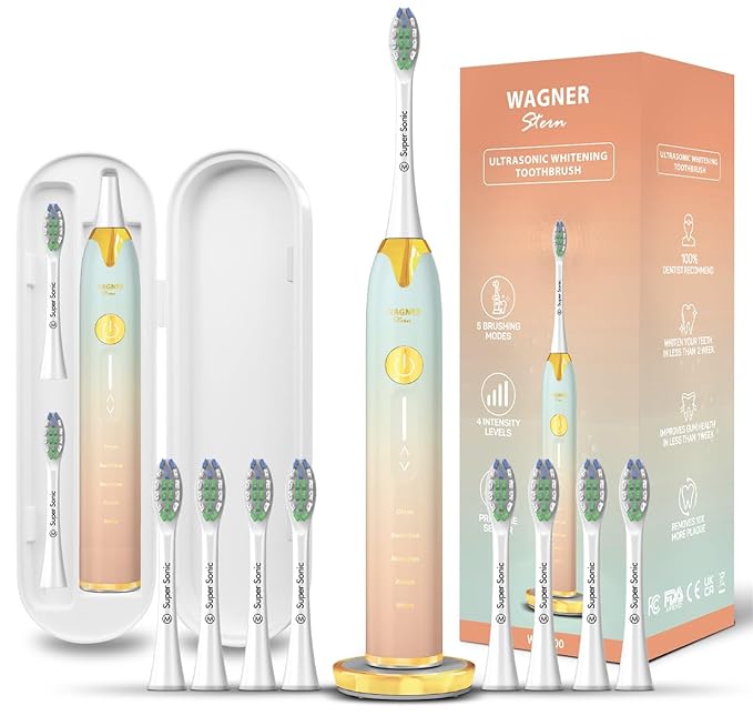 Wagner Stern Ultrasonic Toothbrush with Pressure Sensor, Peach/Blue, Battery Powered, Unisex-Adults