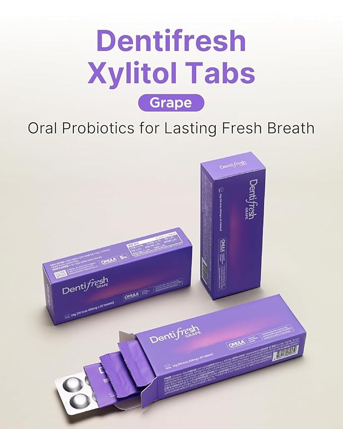 K-Nutra Dentifresh Xylitol Tabs Grape (24g, 30 Tablets) Holiday Gifts 4 Billion CFU, Sugar-Free Oral Probiotics for Teeth & Mouth, Bad Breath Gums, Safe for Bedtime, Mild Grape Flavor with OMULA