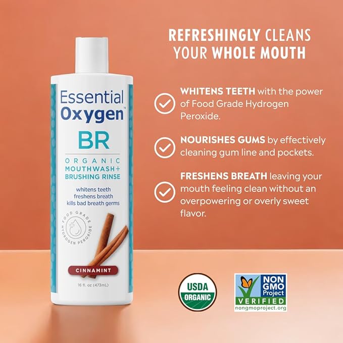 Essential Oxygen, Certified Organic Brushing Rinse, Cinnamint, 16 fl oz, All Natural Mouthwash for Whiter Teeth, Fresher Breath, and Happier Gums, Dentist Recommended, Alcohol-Free, BR (Pack of 1)
