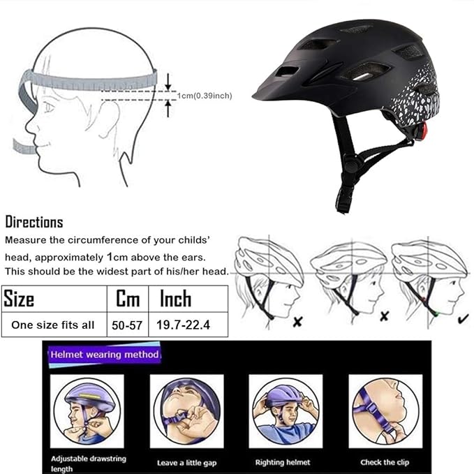 Kids Bike Helmet,Bavilk Kids Boys Girls Bike Helmets with LED Light Detachable Visor Children Youth Teen Multi-Sport for Skating Cycling Scooter Skateboard Adjustable & Lightweight 19.7"-22.4"