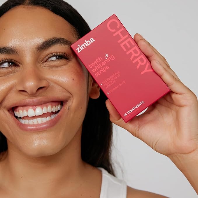 New Zimba Cherry Flavored Teeth Whitening Strips | Vegan, Enamel Safe Hydrogen Peroxide Teeth Whitener for Coffee, Wine, Tobacco, and Other Stains | 14 Day Treatment | Cherry