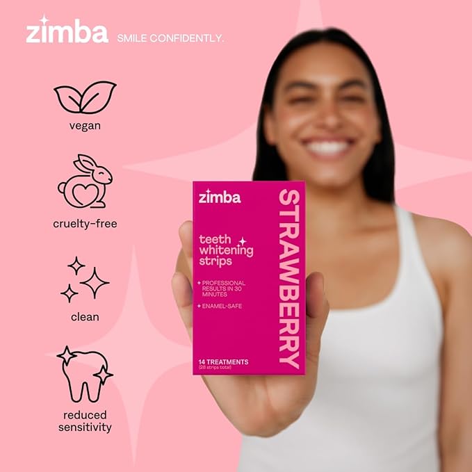 Zimba Strawberry Flavored Teeth Whitening Strips | Vegan, Enamel Safe Hydrogen Peroxide Teeth Whitener for Coffee, Wine, Tobacco, and Other Stains | 14 Day Treatment | Strawberry
