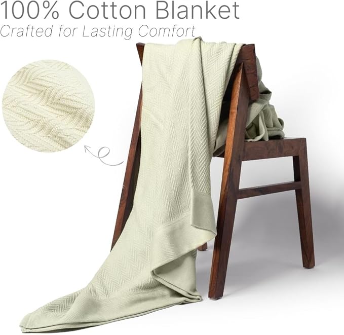 100% Cotton Herringbone Weave Blankets, 90" X 90" Queen, Throw Blanket for Bed, All Season Cotton Blanket, Cozy Blanket,Throws & Bed Blanket, Throw Blanket for Couch, Modern Home Decor -Sage