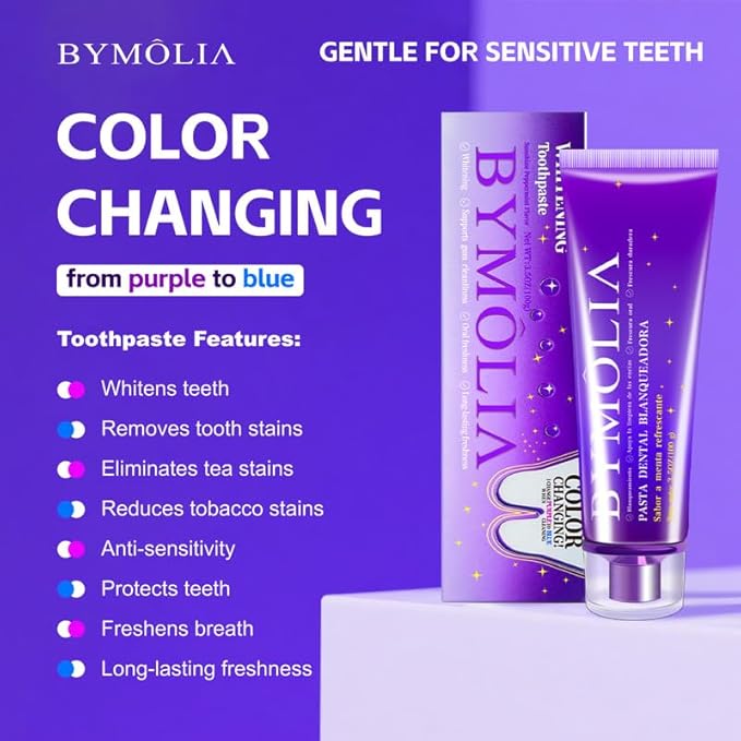 BYMOLlA Whitening Toothpaste Gentle PurpleFormula-Fluoride-Free Enamel Repair -Anti-Plaque Oral Care - Color Corrector for Coffee &Tea Stains -Mint Flavor for Long-Lasting FreshBreath