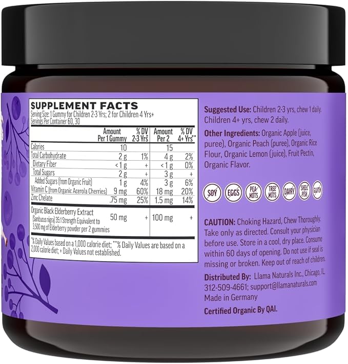 Llama Naturals Elderberry Gummies for Kids, Vegan, Organic Immune Support Supplement with Vitamin C and Zinc, Toddler Real Fruit Gummy Vitamins for Immunity, Chewable, No Added Sugar Cane, 60 Ct