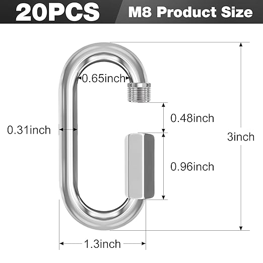 M8-20 Pack 3“ Quick Links Chain Connectors, 5/16″ Galvanized Chain Locking Carabiners Hooks, 1200LBS Heavy Duty Thread Quick Link Clips, Twist Oval Keychain D Shape for Swing, Camping