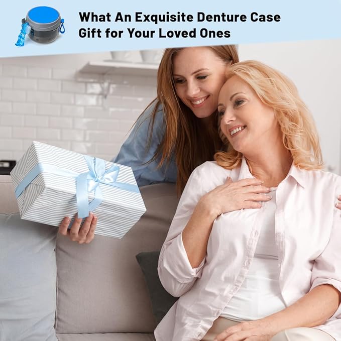 Denture Case, Leak Proof Denture Bath Cup for Travel, Grey Denture Container Cups for Soaking Full & Partial Dentures, Retainers, Mouth Guard with Denture Cleaner Brush, Aligner Removal Tool