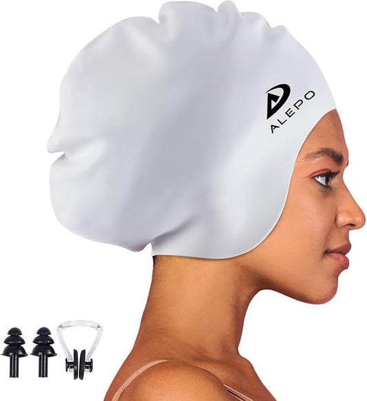 Alepo Extra Large Swim Cap for Women Men, Durable Silicone Swimming Hat with Ear Protection, Unisex Adults Bath Swimming Caps for Long Thick Curly Hair & Dreadlocks Braids Weaves Afro Hair
