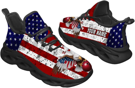 3D Printed Sports Shoes with Bowling-Themed Pattern, Eagle Flag Custom Shoes for Bowler and Bowling Team