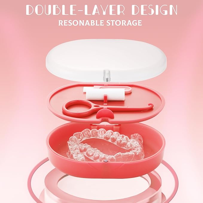 Double Layer Retainer Case Portable Aligner Case for Orthodontics Build In Mirror With Removal Tool,Chewies&Cleaning Brush Kit
