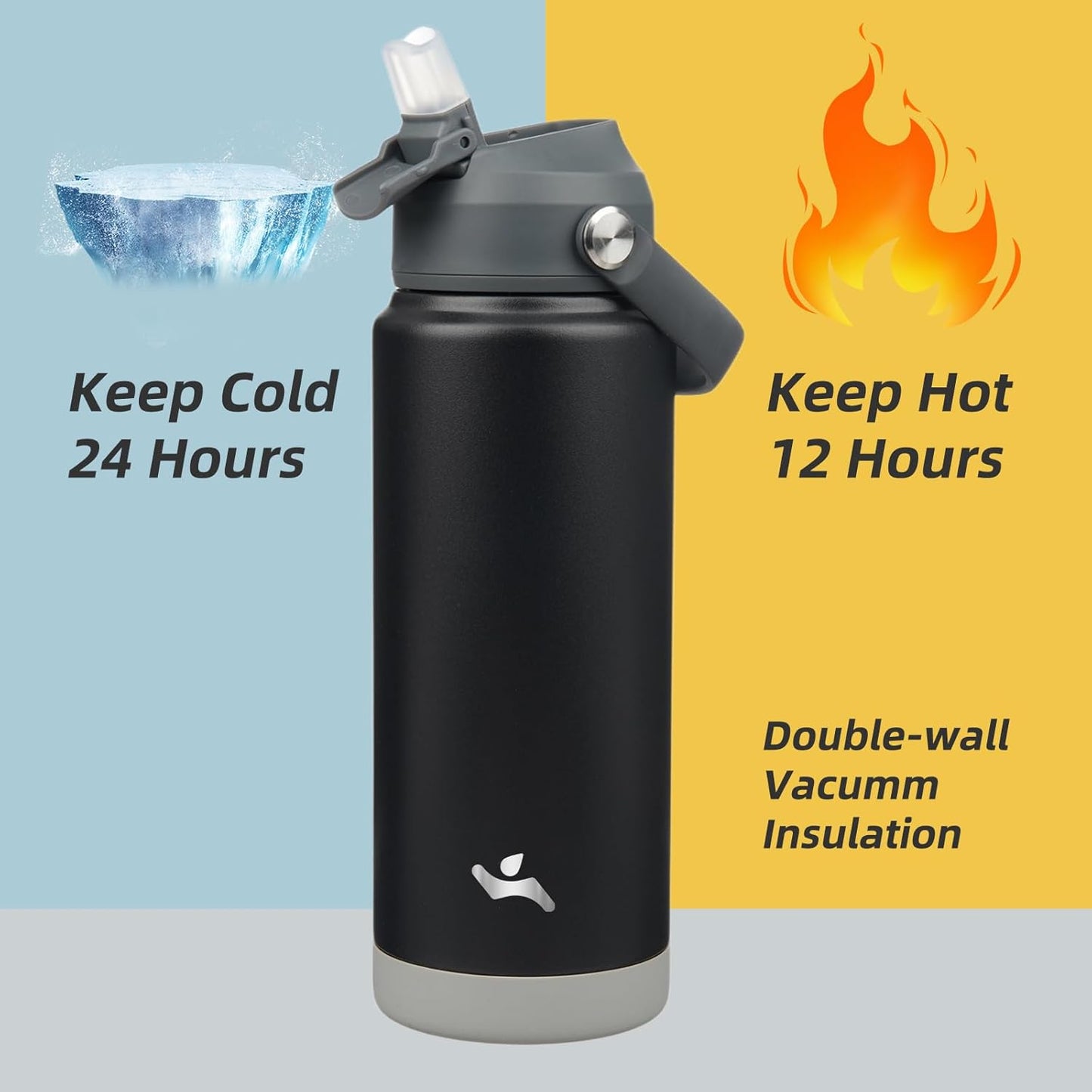 Insulated Water Bottle with Straw Lid,24 oz Stainless Steel Vacuum Metal Bottle with Silicone Handle,Black