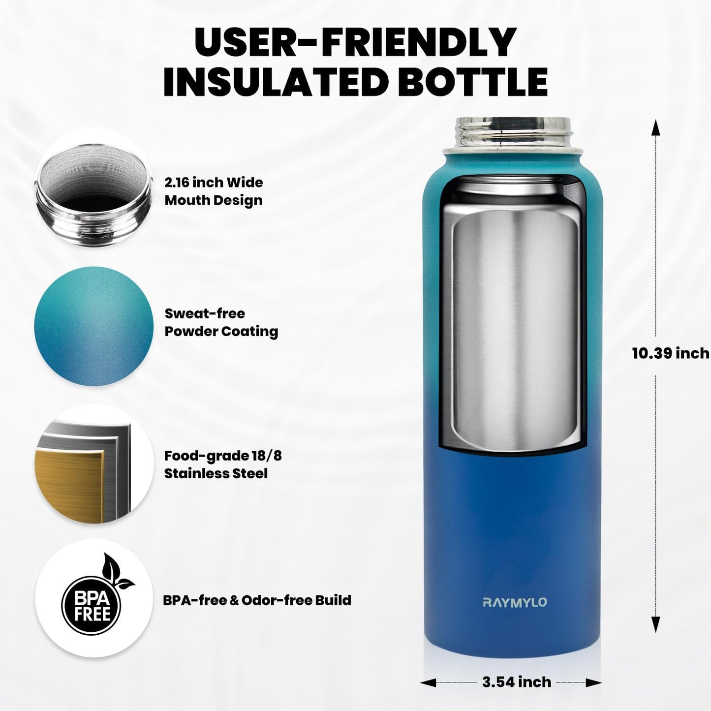 Insulated Water Bottle 40 oz, Triple Wall Vacuum Stainless Steel (Cold for 48 Hrs), Leak Proof & Non-BPA, Modern Water Flask Jug with Paracord Handle & Straw Spout Lids, Cyan Blue