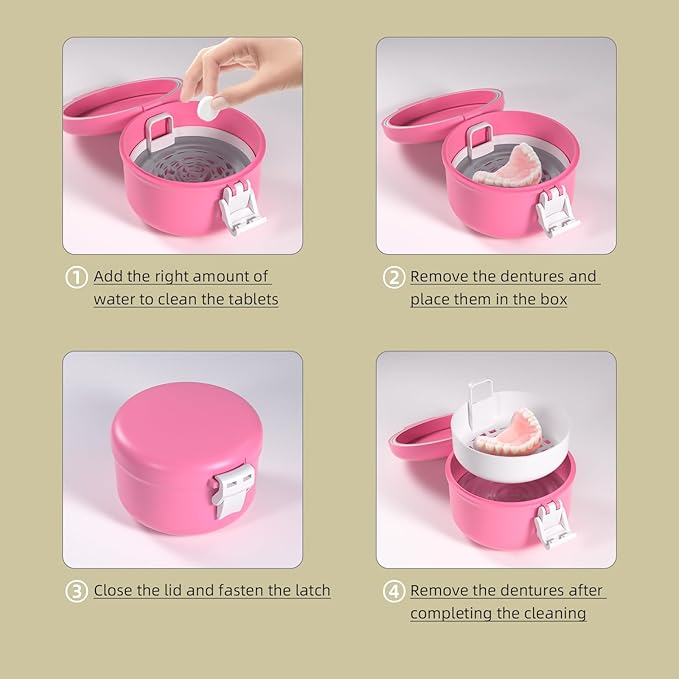 ARGOMAX Leak Proof Retainer Cleaner Case, Denture Cups for Soaking Dentures, Denture Travel Case (Pink+White).