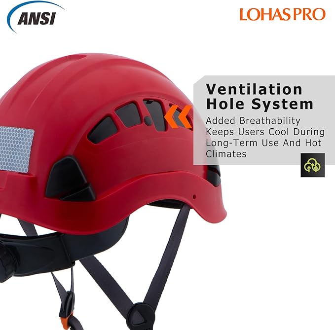 LOHASPRO Hard Hats Construction Safety Helmet ANSI Z89.1 Approved OSHA Hardhat, Vented Men Worker Red Hard Hat with Chin Strap Tree Climbing Rescue Arborist Helmet (P6 Red)