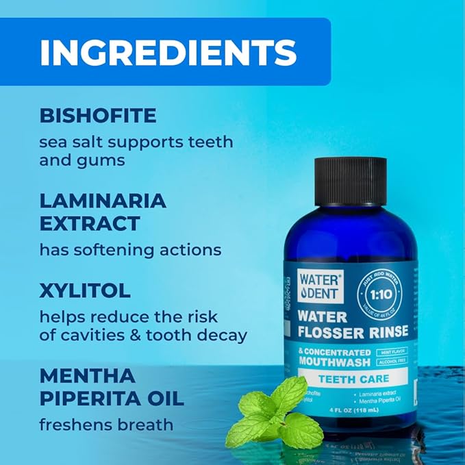 | Water Flosser Rinse, IRRIGANT, Concentrate Mouthwash | When dilluted1:10 = 44 fl.oz, Travel Size, Add to Oral irrigator, Mint Flavor, Alcohol & Fluoride Free. Made in USA | 4 fl.oz