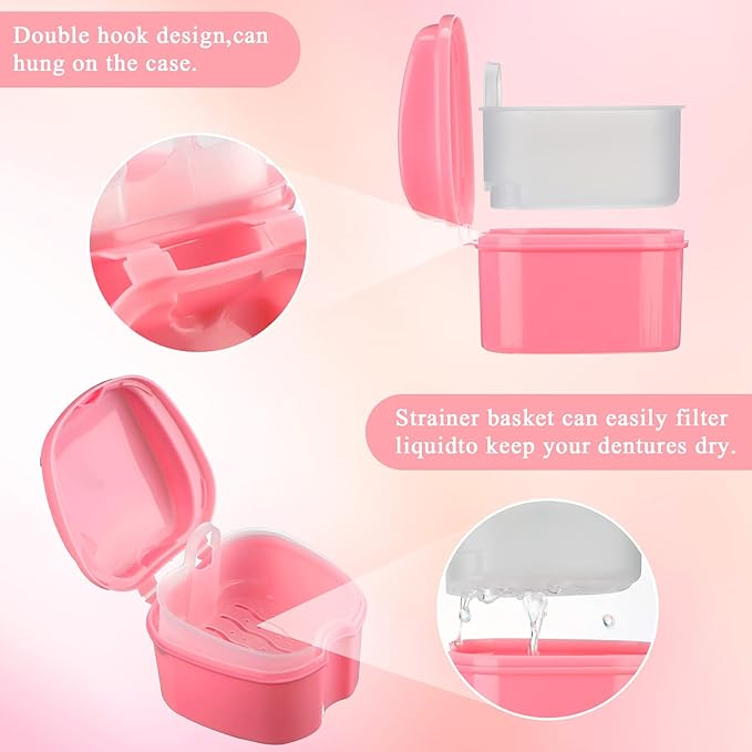 Zubebe 20 Pcs Denture Bath Retainer Case Holder Bulk with Strainer Basket Dental Cup Denture Soaking Container False Teeth Storage Box for Travel Cleaning Brace Mouth Guard, 5 Colors