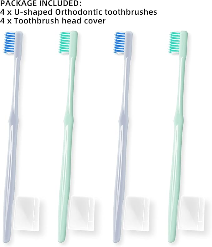 Y-Kelin 4 Pcs U-Shaped Orthodontic Toothbrush Soft Bristle with 4 Toothbrush Head Cover for Orthodontic People Effective Cleaning Teeth