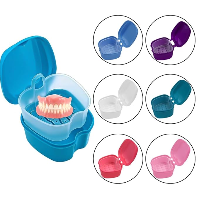 2pcs Denture Bath Retainer Case, Dentaure Cups for Soaking Dentures with Strainer Basket Tray,Compact and Pportable Design, Suitable for Traveling (White+Light Blue)