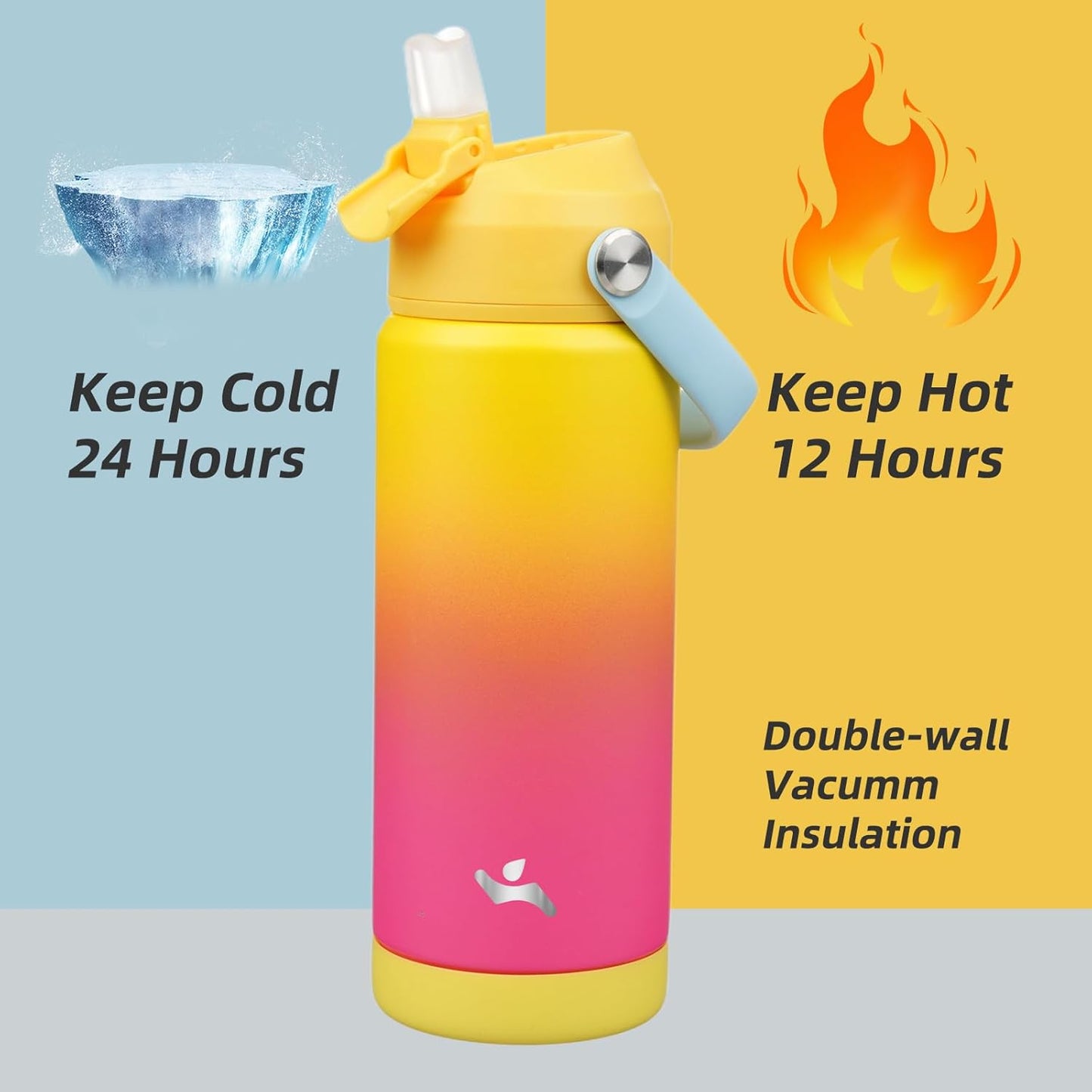 Insulated Water Bottle with Straw Lid,18 oz Stainless Steel Vacuum Metal Bottle with Silicone Handle,Rainbow