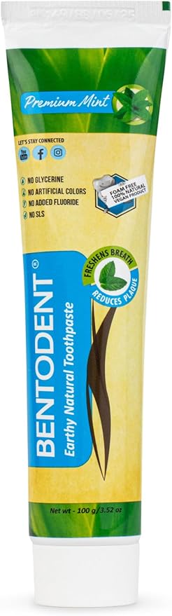 Bentodent Remineralizing Fluoride Free Toothpaste, Organic & Natural with Calcium Bentonite Clay, SLS Free, Whitening for Sensitive Teeth, Vegan (Premium Mint Combo)