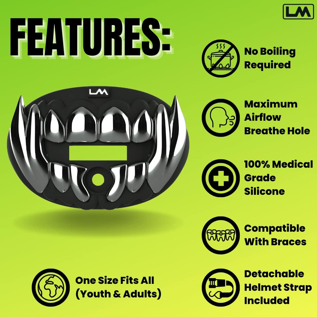 Loudmouth Football Mouth Guard - 3D Chrome Beast Football Mouthpiece, Fits Adult & Youth Ages 5+, Accessories Mouth Guard (3D Beast - Chrome Black/Silver)