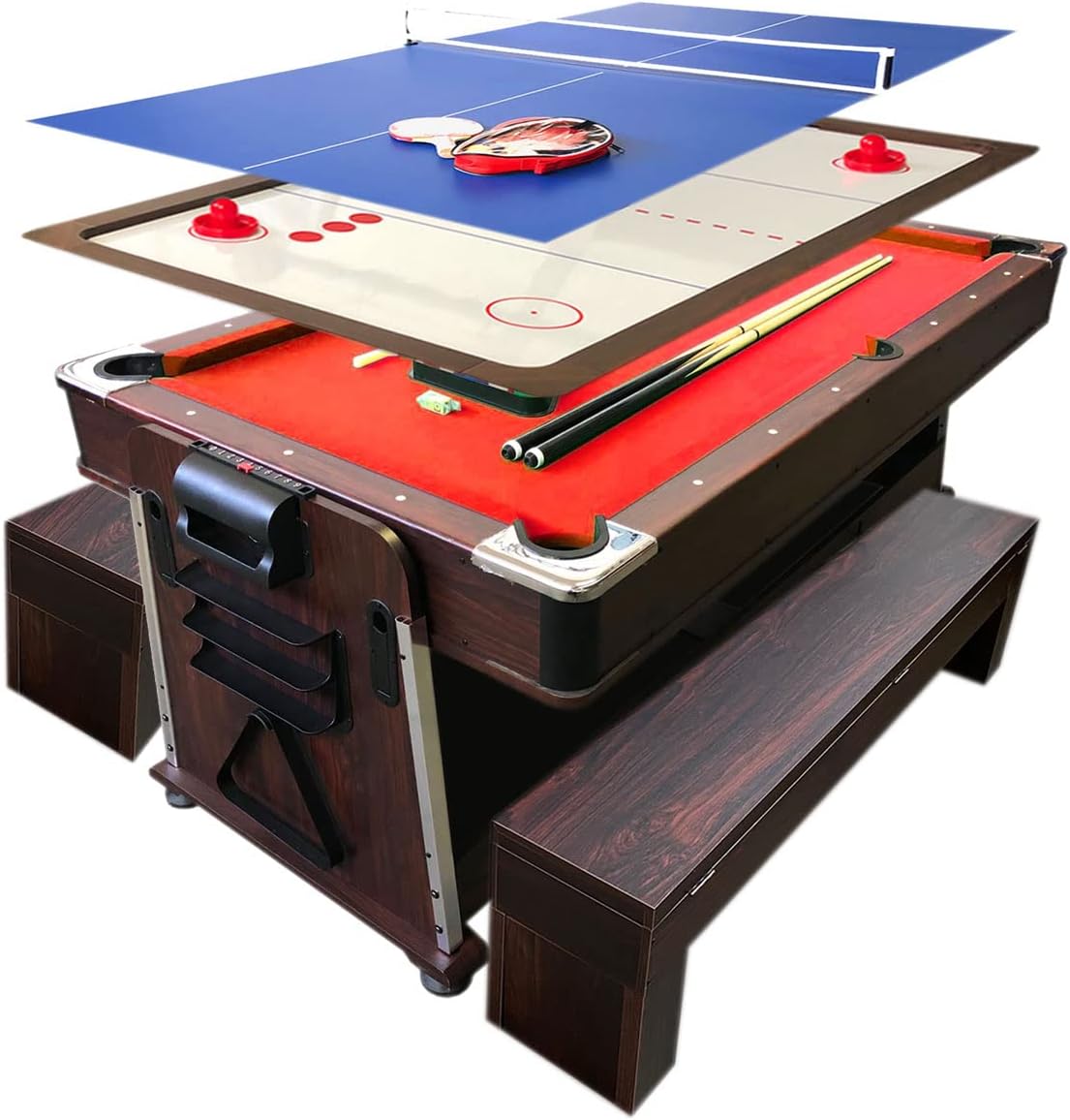 7ft Pool Table Air Hockey 3 in 1 Pool Table Red Felt with Storage Benches - Crown