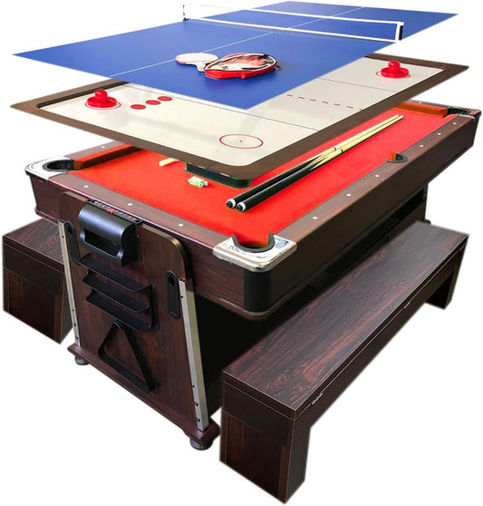 7ft Pool Table Air Hockey 3 in 1 Pool Table Red Felt with Storage Benches - Crown