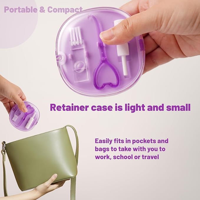 Double Layer Retainer Case Portable Aligner Case for Orthodontics Build In Mirror With Removal Tool, Chewies & Cleaning Brush, Travel Retainer Case Kit (purple)