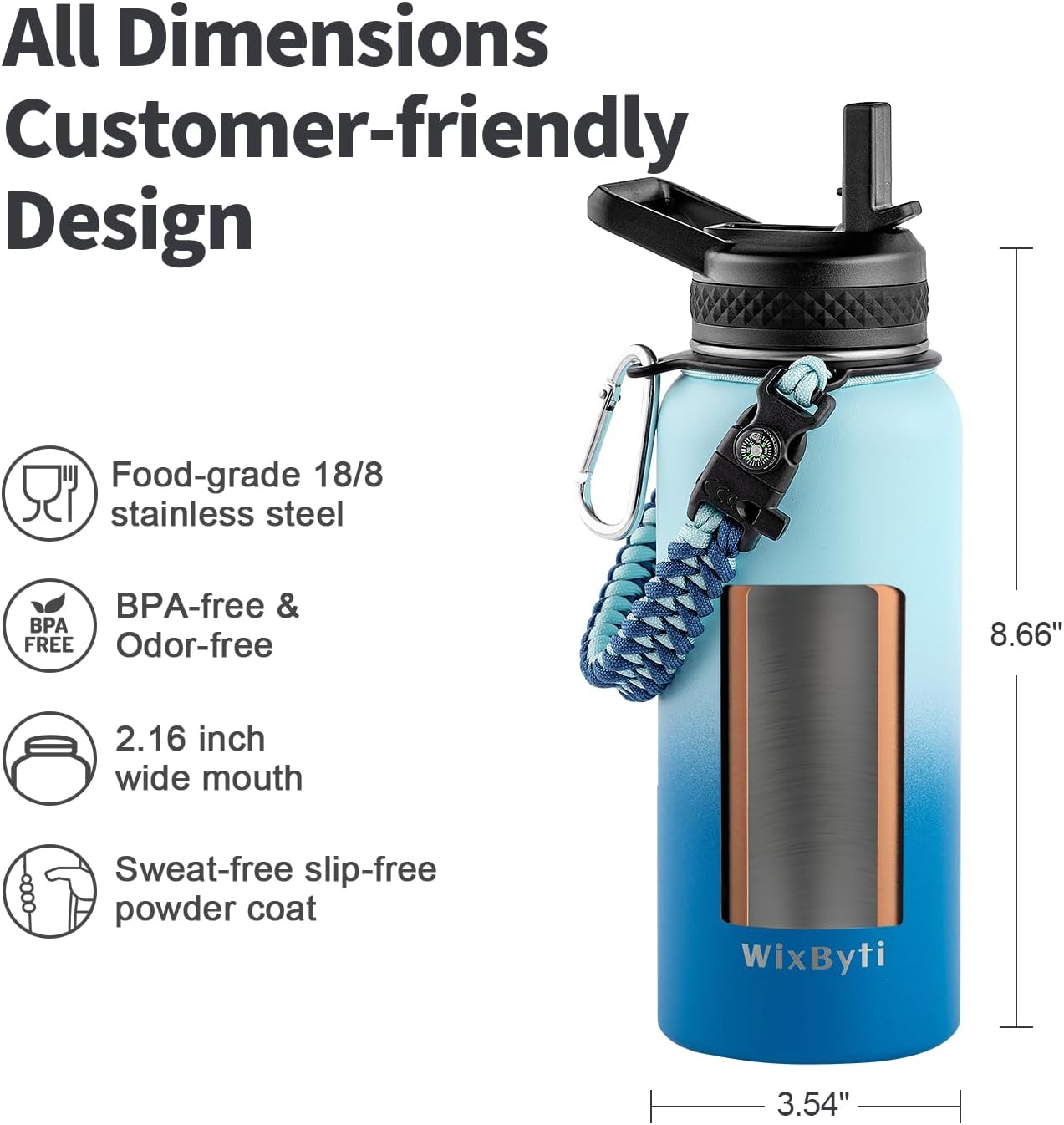 32 oz Insulated Water Bottle with Straw (Cold for 48 Hrs), Stainless Steel Triple Wall Vacuum Sports Water Jug, Leakproof Hydro Cup Flask with Paracord Handle & Straw Spout Lids & DIY Stickers