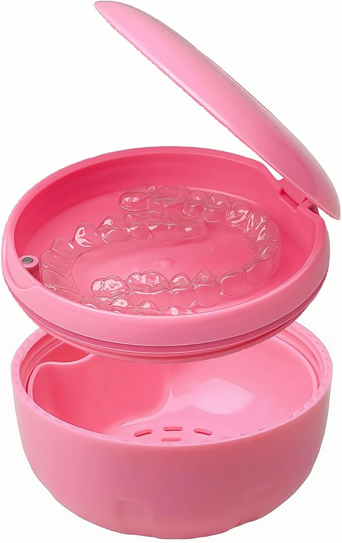 Retainer Cleaner Case,Double Layer No-Leak Denture Cup for Soaking Dentures, Denture Bath for Aligner,Retainers,Mouth Guard,Night Guard Solid Color (Pink)