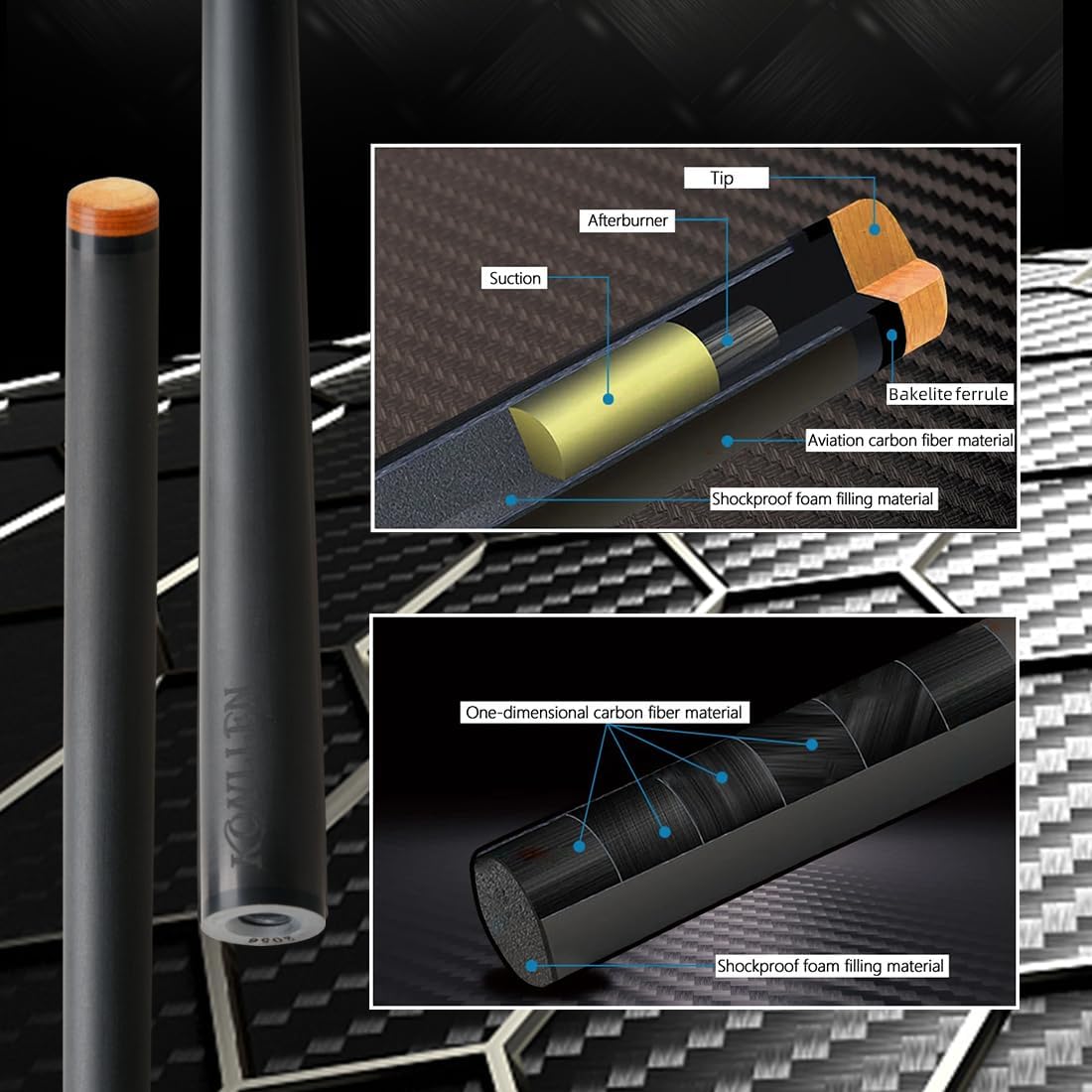 KONLLEN Carbon Fiber Pool Cue Stick Low Deflection Hand-Made Inlay Billiard Cue Ultra-Smooth Professional Feeling Billiard Pool Cue Sticks for Adults