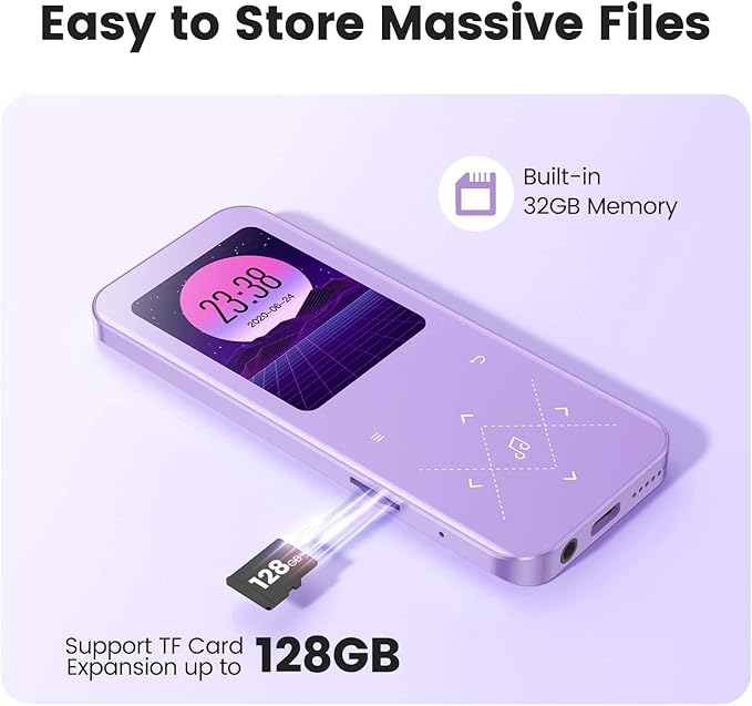 32GB MP3 Player with Bluetooth 5.3, AGPTEK A09X 2.4" Screen Portable Music Player with Speaker Lossless Sound with FM Radio, Voice Recorder, Supports up to 128GB, Purple