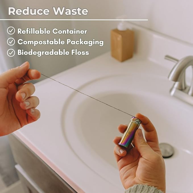 Vegan Biodegradable Bamboo Charcoal Dental Floss with Refillable Stainless Steel Rainbow Container | Extra Floss Refill | Natural Candelilla Wax | 30M x2 | Peppermint | Eco Zero Waste Oral Care