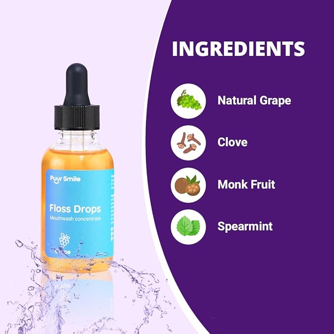 Concentrated Floss Drop Serum – 2oz Concentrated Mouth Wash to Use in Water Flosser | Natural Essentials Promotes Good Breath | Organic Drop Provides Good Oral Health (Grape Flavor)
