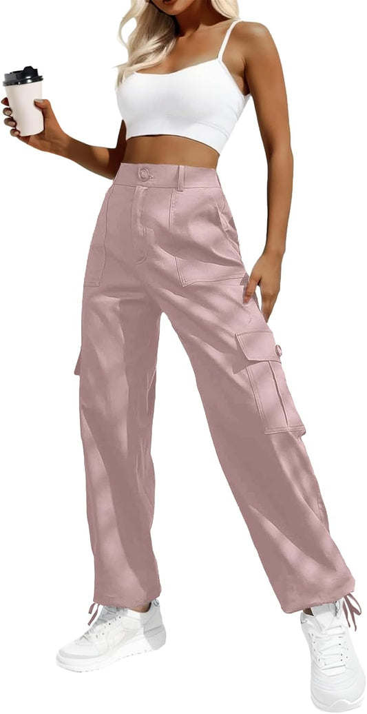 Lepunuo Women's High Waisted Cargo Pants Travel Y2K Streetwear Baggy Stretchy Pants with 6 Pockets Drawstring Ankle Cuffs