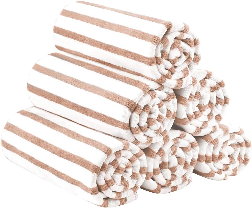 JML Microfiber Beach Towels, Large Bath Towel Set 6 Pack, 27" x 55" - Cabana Stripe - Quick Dry No linting, No Fading Microfiber Towels for Hair Wrap, Pool, Sport, Yoga, Camping, Swimming, Coffee