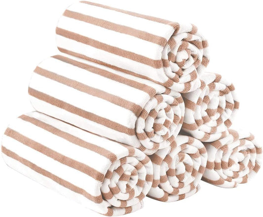 JML Microfiber Beach Towels, Large Bath Towel Set 6 Pack, 27" x 55" - Cabana Stripe - Quick Dry No linting, No Fading Microfiber Towels for Hair Wrap, Pool, Sport, Yoga, Camping, Swimming, Coffee