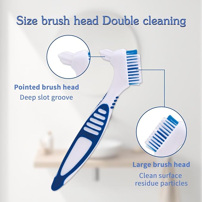 Denture Brush, 2 Pcs False Teeth Toothbrush with White Carrying Case, Multi-Tiered Bristles with Comfort Grip Handle for Effective Denture Cleaning