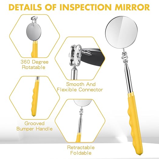 1 Pcs Telescoping Inspection Mirror Mechanics Automotive Tool with Long Handle Extendable Mirror on a Stick for Technicians Mechanics Contractors Checking Observation(Yellow,Round)