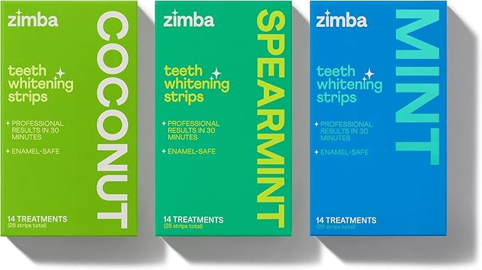 Zimba Teeth Whitening Strips 3-Pack Bundle (Mint, Spearmint, Coconut) | Vegan Whitening Strip Enamel Safe Teeth Whitening Hydrogen Peroxide Teeth Whitener for Coffee, Wine, Tobacco, and Other Stains