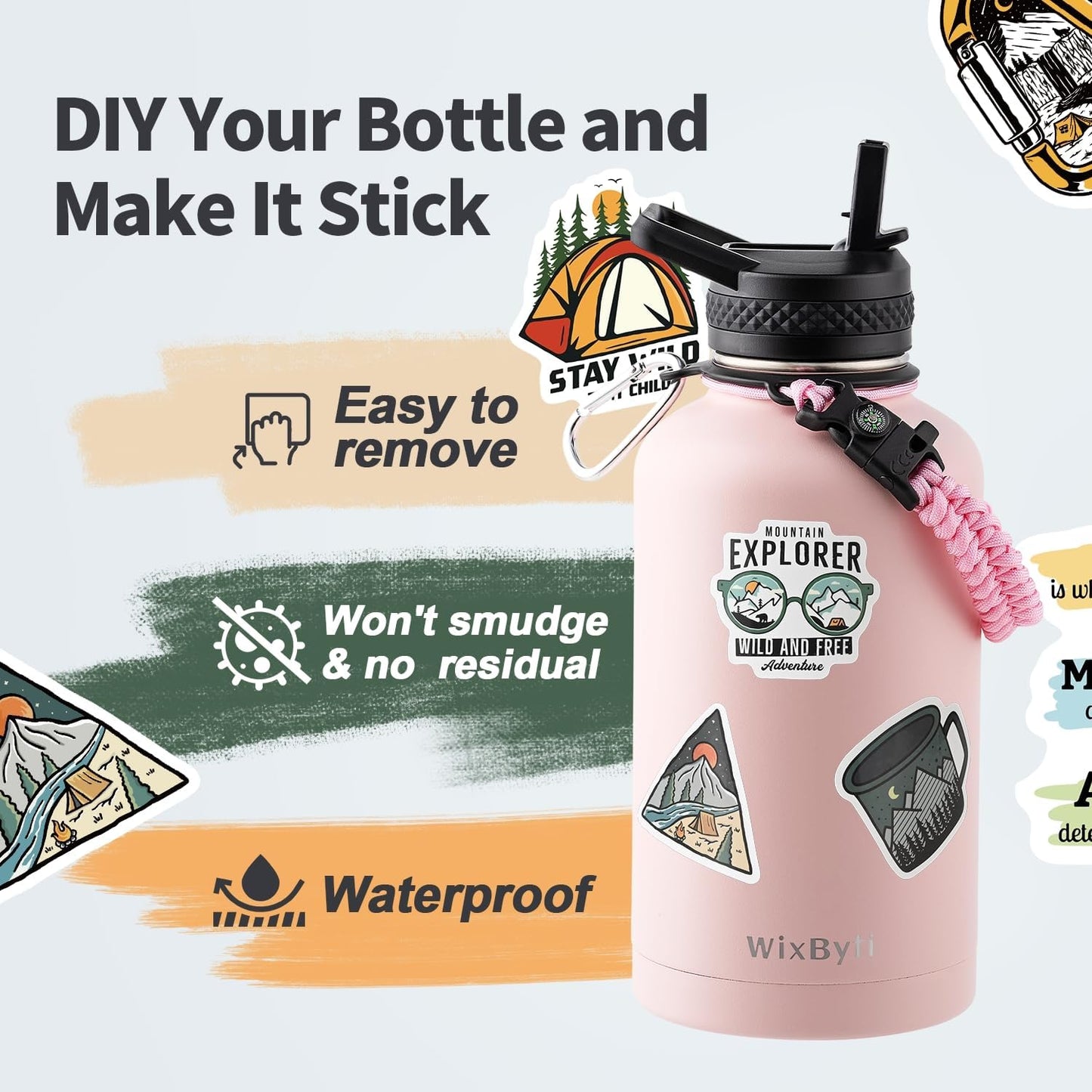 64 oz Insulated Water Bottle with Straw (Cold for 48 Hrs), Half Gallon Stainless Steel Triple Wall Vacuum Sports Water Jug, Leakproof Hydro Cup Flask with Straw Spout Lids & DIY Stickers