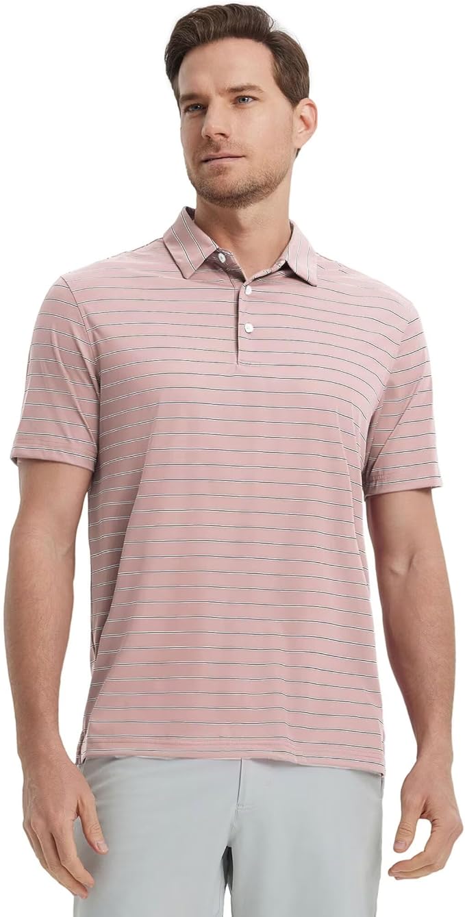 M MAELREG Mens Striped Golf Shirts Short Sleeve Silk-Like Touch Water-Resistant Breathable Soft Collared Polo Shirts for Men