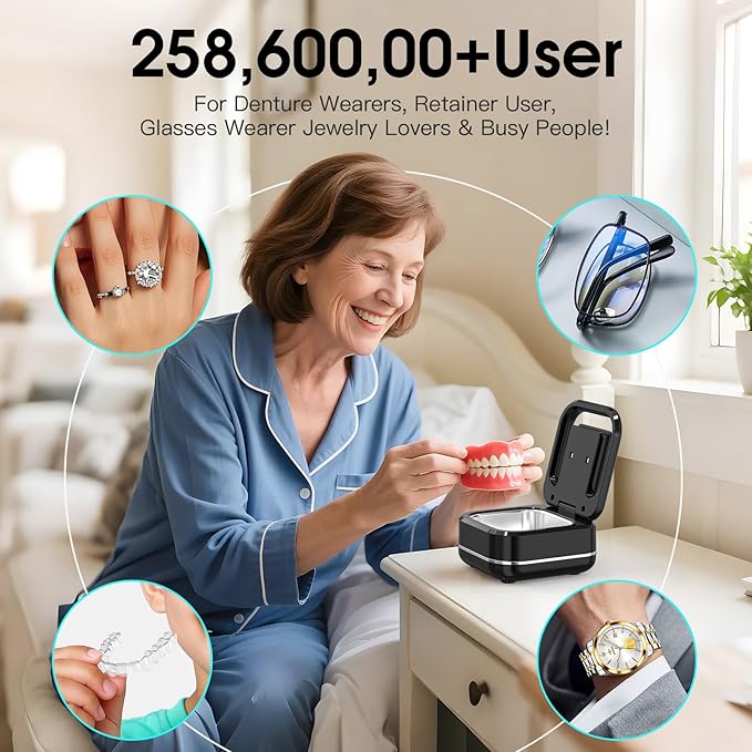 HAUSBELL Dental Pod: Ultrasonic Retainer Cleaner, Denture Cleaner Machine with 8 Cleaner Tablets, Aligner Cleaner, Nightguard Cleaner, Mouthguard Cleaner, Ultrasonic Cleaner with Noise-Reduction Lid