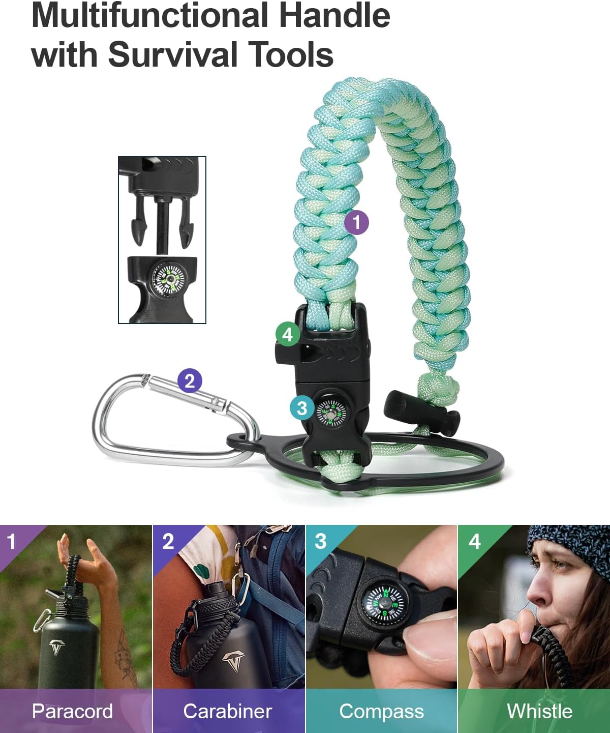 Insulated Water Bottle 64oz,Half Gallon Water Flask Stainless Steel Vacuum, Cold for 48 Hrs,BPA-Free & Leakproof -with Paracord Handle, Strap,Straw Spout Lids,Large Jug for Gym Sports,Green