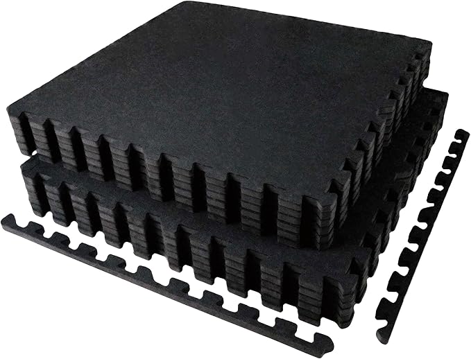 AIRHOP 0.56in Thick 48 Sq Ft Exercise Equipment Mats, 12 Tiles Upgraded Rubber Top with High Density EVA Foam, Large Interlocking Puzzle Gym Flooring for Home Gym, Heavy Weight Workout,Black
