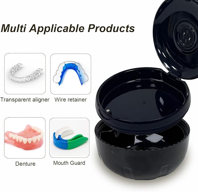 Retainer Cleaner Case,Double Layer No-Leak Denture Cup for Soaking Dentures, Denture Bath for Aligner,Retainers,Mouth Guard,Night Guard Solid Color (Black)