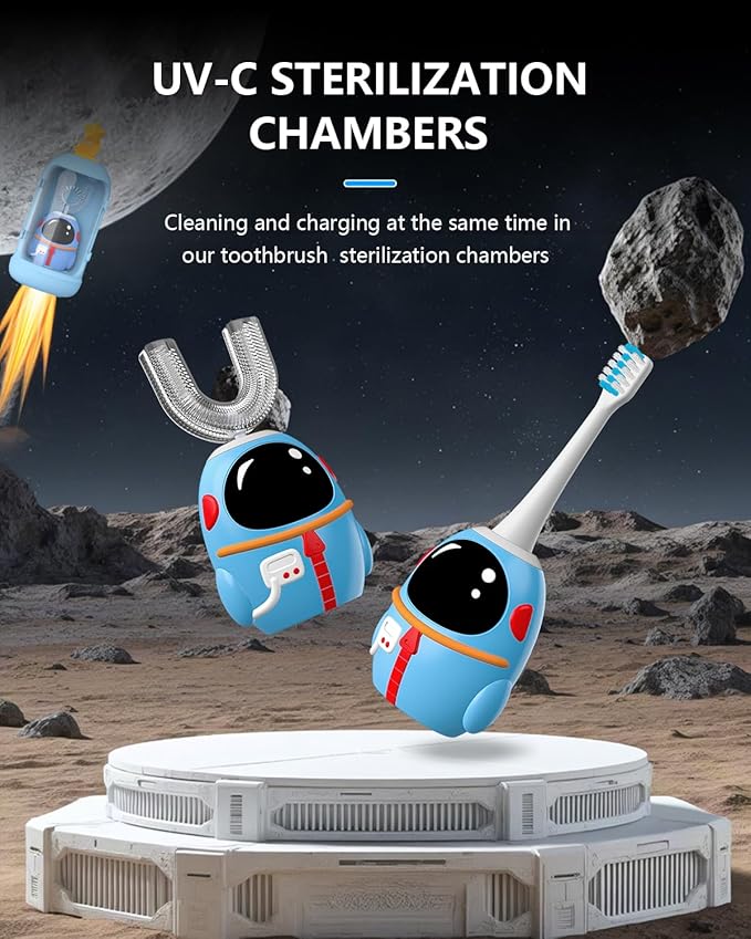 FTOYIN Kids Electric Toothbrush with 3 Brush Heads, U Shaped Ultrasonic Toothbrush Kids with 5 Modes, 45s Smart Reminder, 360-Degree Automatic Cleaning, IPX7 Waterproof Design