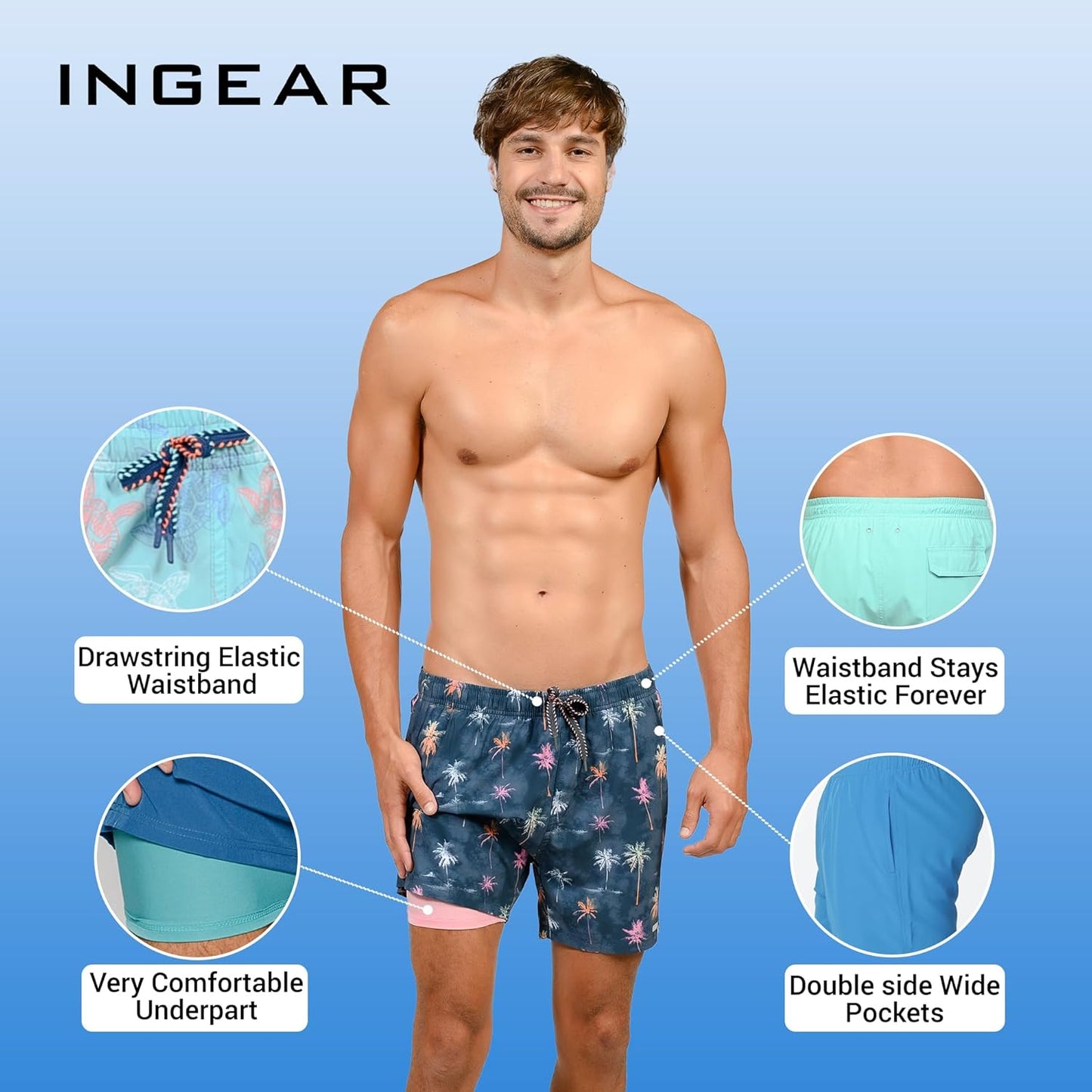 INGEAR Men's Athletic Stretch Workout Shorts Gym Quick Dry Running Trunks Boxer Lining